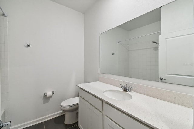 bathroom featuring a shower, toilet, vanity, and baseboards