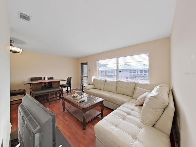 living room featuring dark wood-type flooring