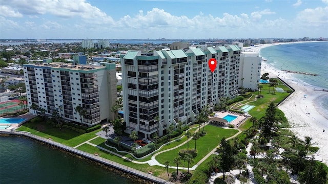 bird's eye view with a beach view and a water view