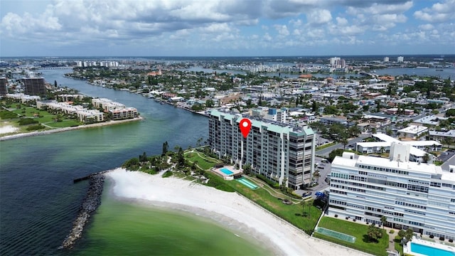 drone / aerial view with a view of the beach and a water view