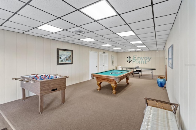 recreation room with a paneled ceiling, billiards, and carpet