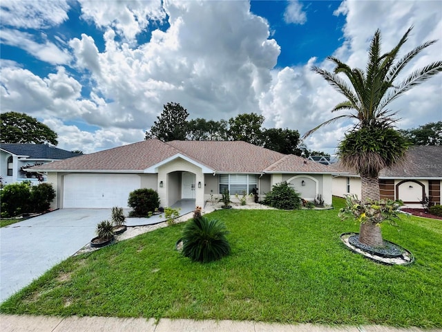 single story home featuring a garage and a front yard