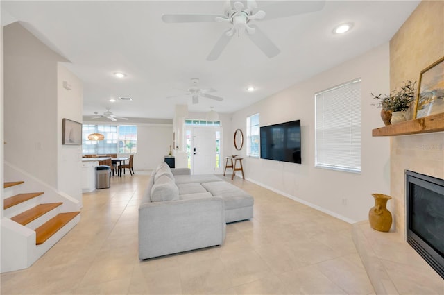 6419 Marbella Blvd, Apollo Beach, FL 33572 - living area featuring a ceiling fan, plenty of natural light, recessed lighting, baseboards, and stairs