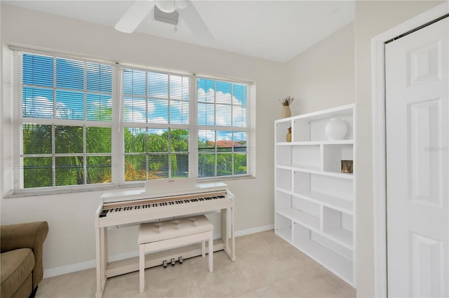 6419 Marbella Blvd, Apollo Beach, FL 33572 - sitting room featuring a ceiling fan, baseboards, and light tile patterned floors