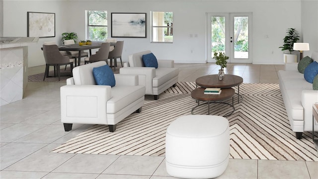 living room featuring light tile patterned floors and french doors