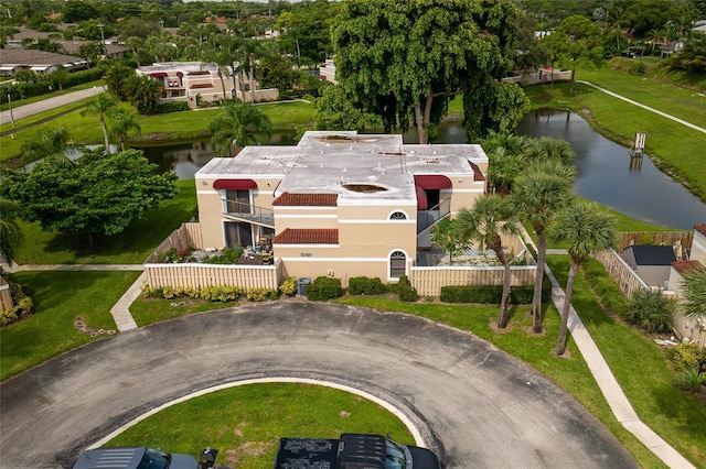 drone / aerial view with a water view