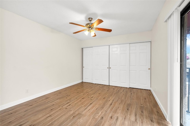 unfurnished bedroom featuring a closet, ceiling fan, and light hardwood / wood-style floors