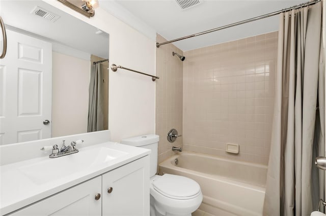 full bath featuring visible vents, toilet, vanity, and shower / bath combination with curtain