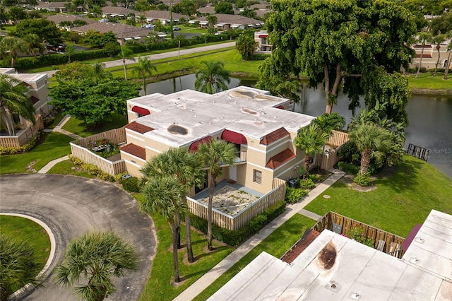 drone / aerial view with a water view