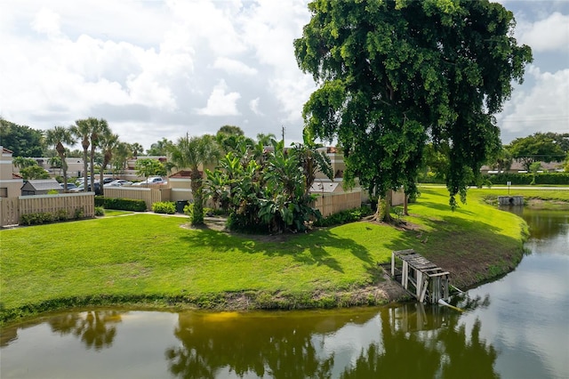 view of property's community with a lawn and a water view