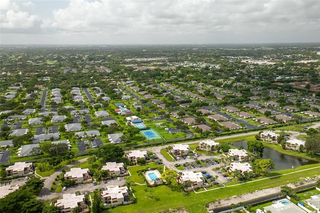 aerial view featuring a water view and a residential view