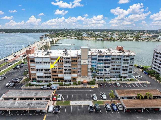 drone / aerial view featuring a water view