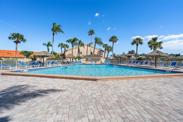 view of swimming pool featuring a patio