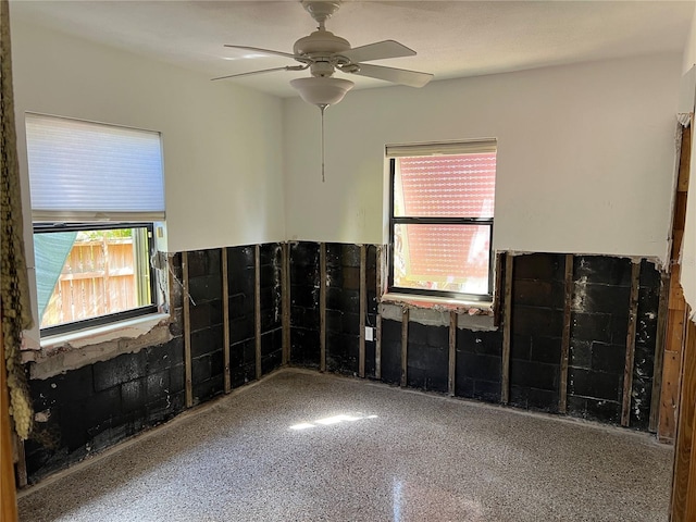 spare room with ceiling fan and plenty of natural light