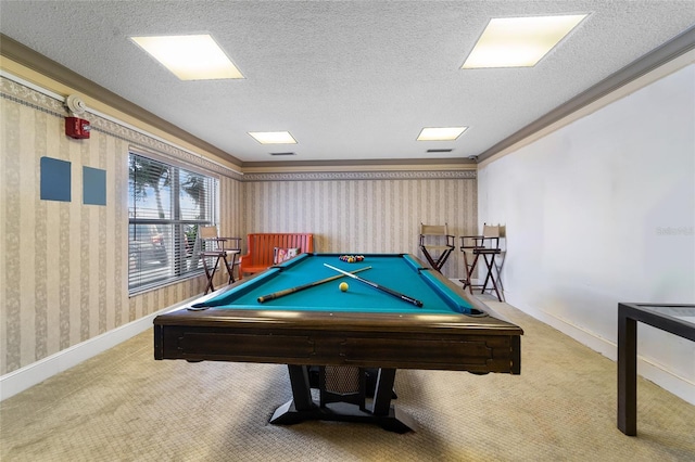 game room featuring a textured ceiling, light colored carpet, and pool table