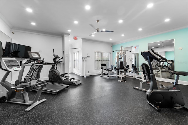 gym with ceiling fan and crown molding