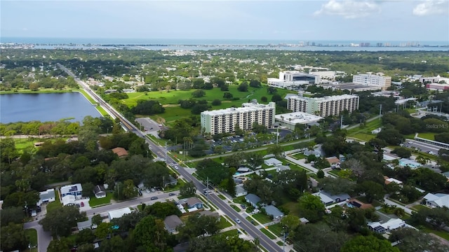 drone / aerial view with a water view