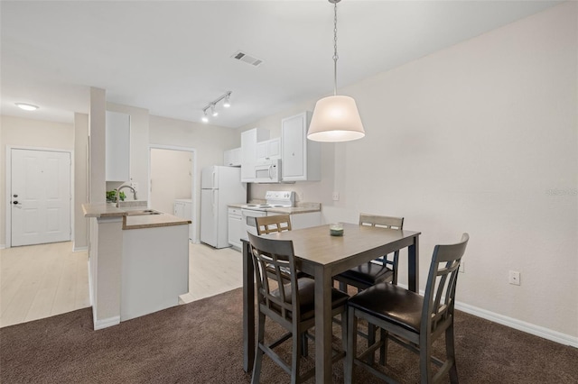 dining space with track lighting, light hardwood / wood-style flooring, and sink