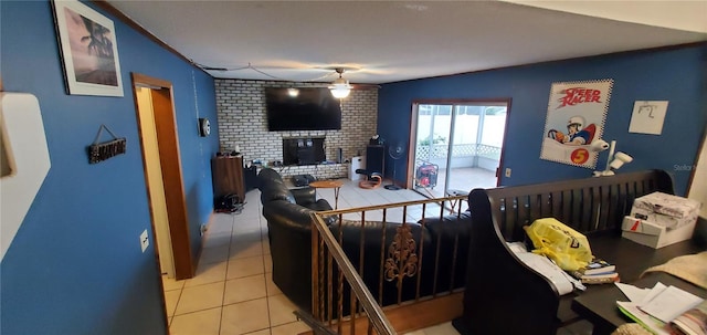 interior space featuring a fireplace and ceiling fan