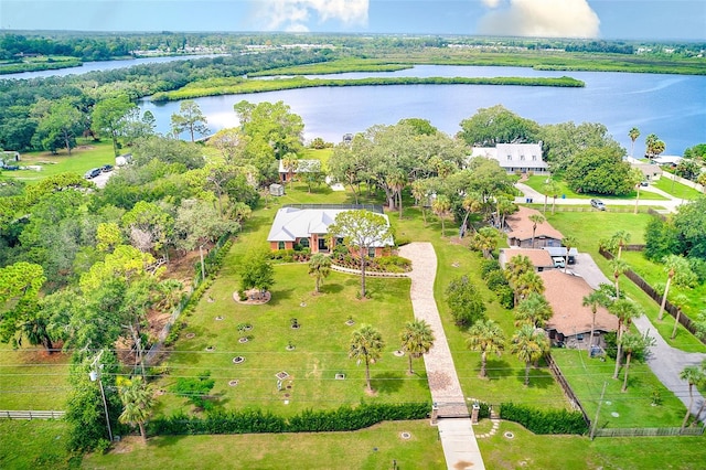 bird's eye view with a water view