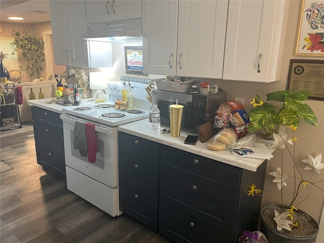 kitchen with dark wood-type flooring, custom exhaust hood, white electric range, and white cabinets