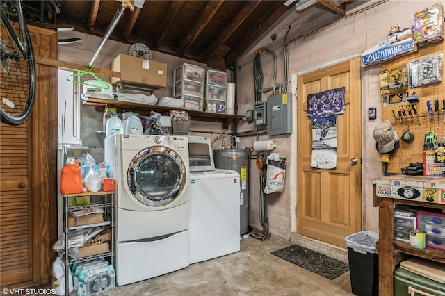 laundry room featuring electric panel, washing machine and dryer, and electric water heater