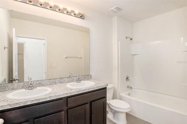 full bathroom with vanity, toilet, and bathing tub / shower combination