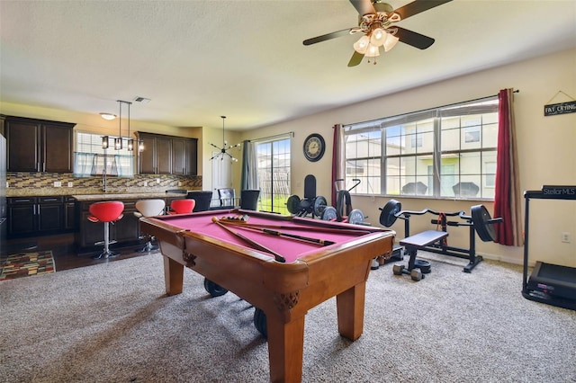 playroom featuring billiards, carpet floors, and ceiling fan