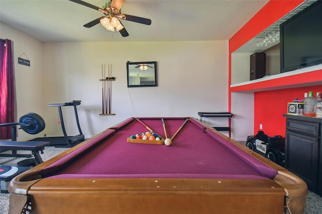 game room with carpet flooring, pool table, and ceiling fan