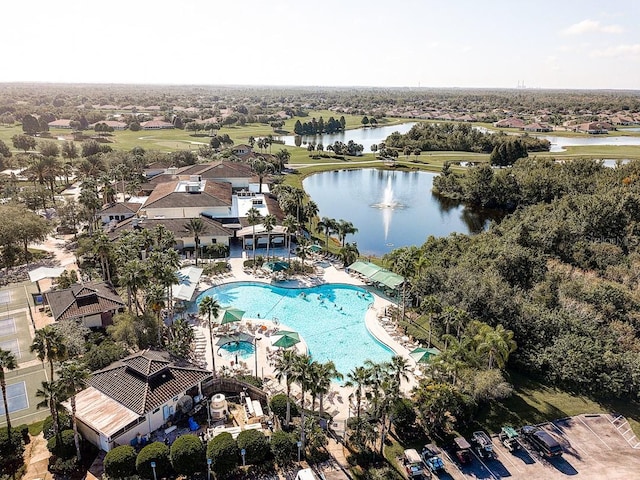 birds eye view of property featuring a water view