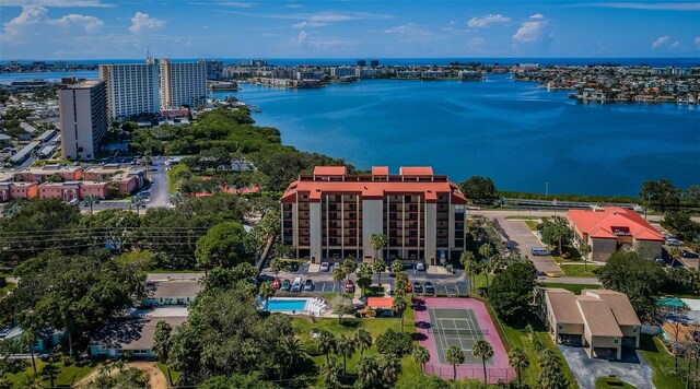 birds eye view of property featuring a water view