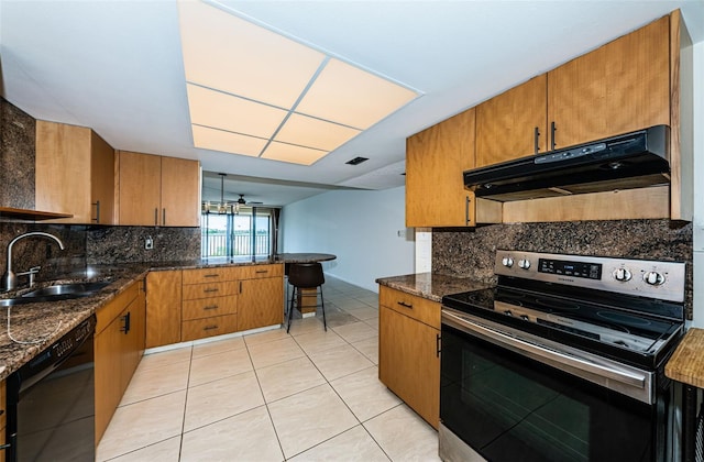 7037 Sunset Dr S Unit 602, South Pasadena, FL 33707 - kitchen with ceiling fan, stainless steel electric stove, black dishwasher, under cabinet range hood, and a sink