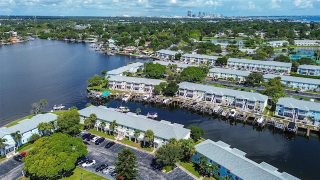 bird's eye view with a water view