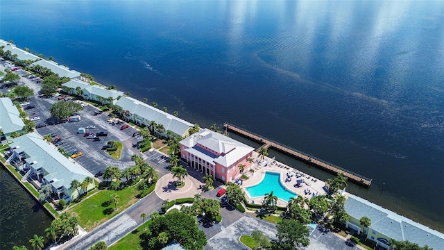 drone / aerial view with a water view