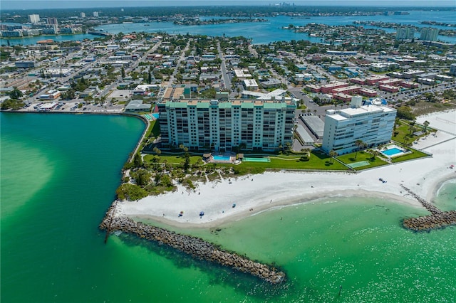 bird's eye view featuring a beach view and a water view