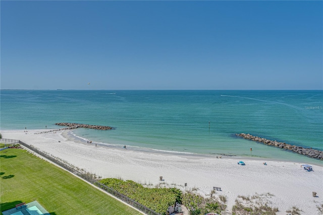 view of water feature with a beach view