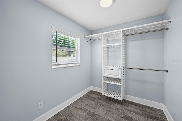 walk in closet with dark hardwood / wood-style flooring