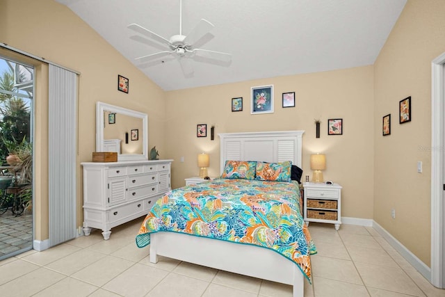 bedroom featuring lofted ceiling, access to exterior, ceiling fan, and light tile patterned flooring