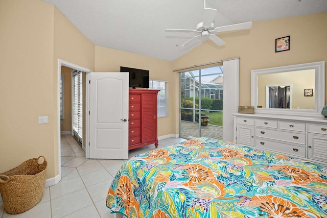 bedroom with vaulted ceiling, light tile patterned flooring, access to exterior, and ceiling fan