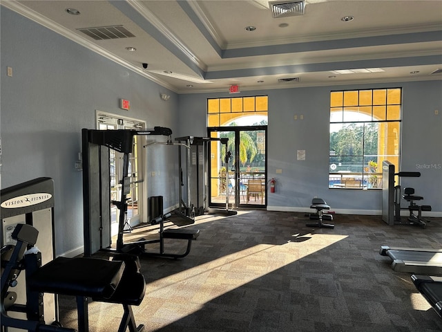 exercise room with dark carpet, ornamental molding, and a tray ceiling