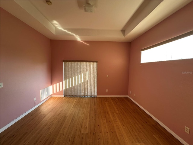 spare room featuring hardwood / wood-style flooring and a tray ceiling