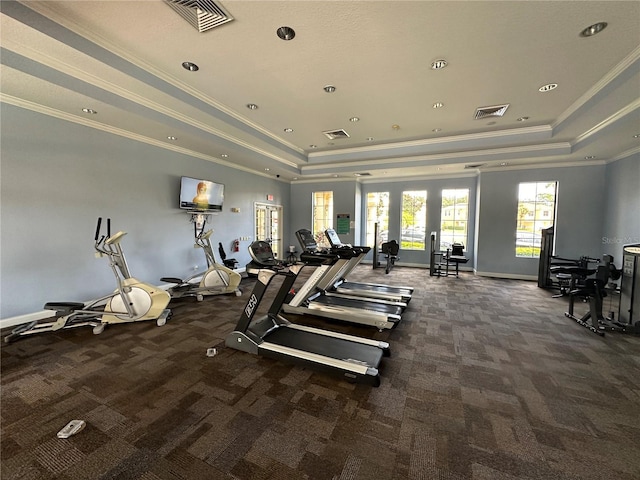 workout area with crown molding and a tray ceiling