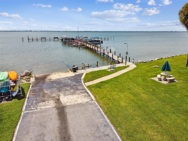 view of dock with a water view and a lawn