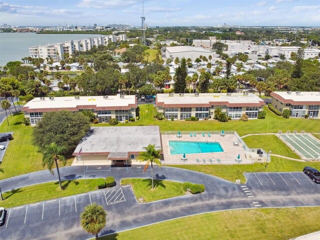 drone / aerial view of a pool