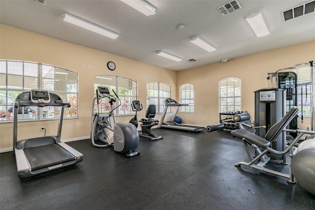 exercise room with a textured ceiling and a wealth of natural light