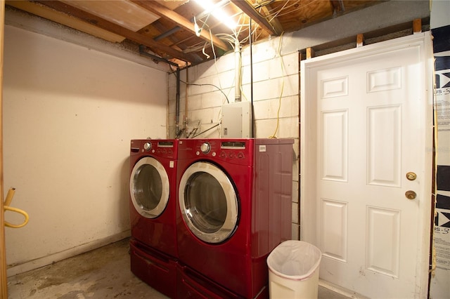 laundry room featuring electric panel and washing machine and clothes dryer