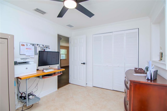 office area featuring ornamental molding, light tile patterned flooring, and ceiling fan