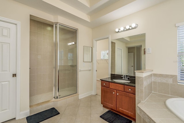 bathroom with vanity, shower with separate bathtub, and tile patterned flooring