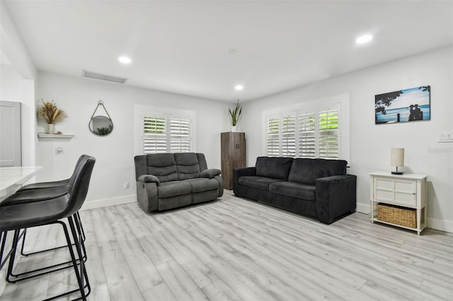 living room featuring a healthy amount of sunlight and light hardwood / wood-style floors