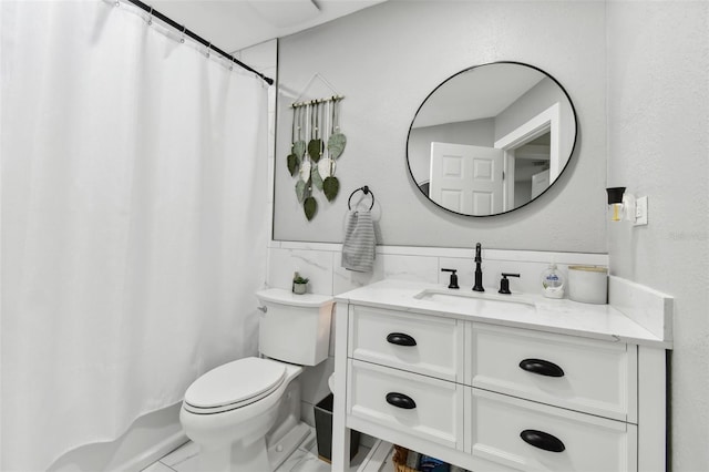 bathroom featuring vanity, tile patterned flooring, toilet, and a shower with shower curtain